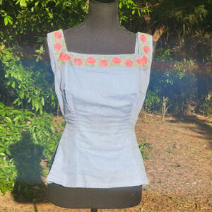 Vtg 50s 60s Peplum Top Curvy Cami Blue Pink Roses Embroidered Bust 30 XS Union